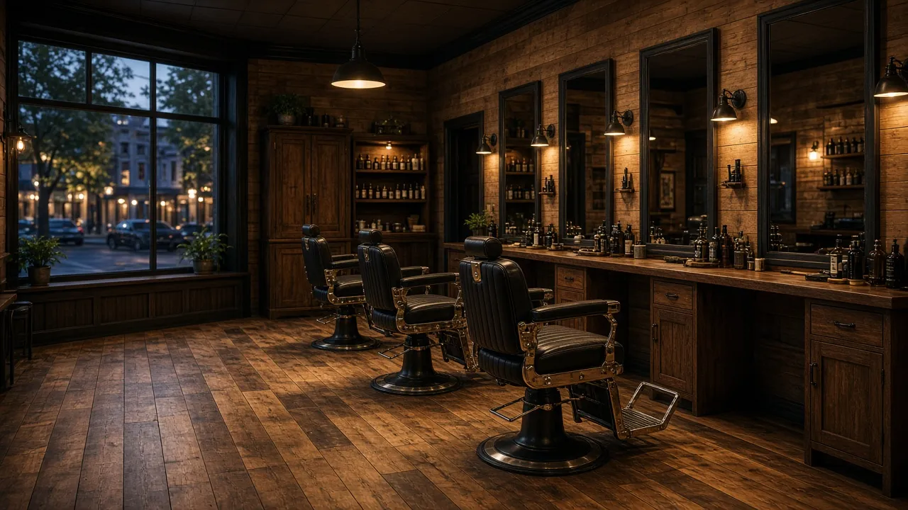 Inside the Fade & Finch barbershop: leather chairs and warm lights